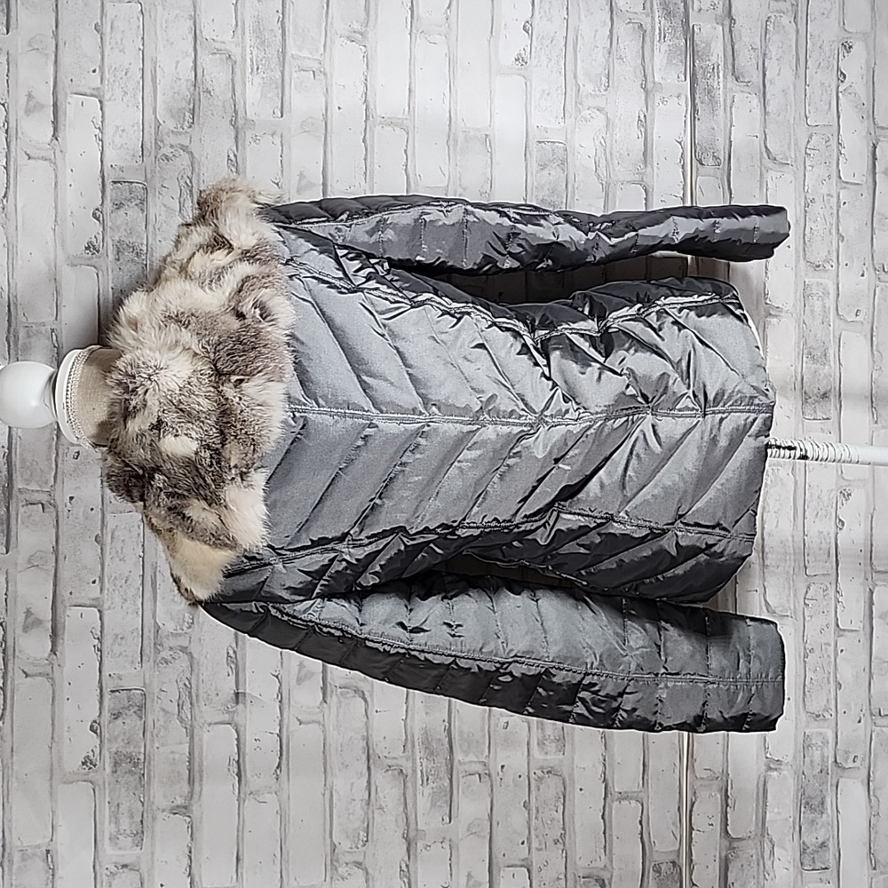 Bebe Rabbit Fur Trimmed Silver Puffer Jacket Coat - Picture 4 of 13
